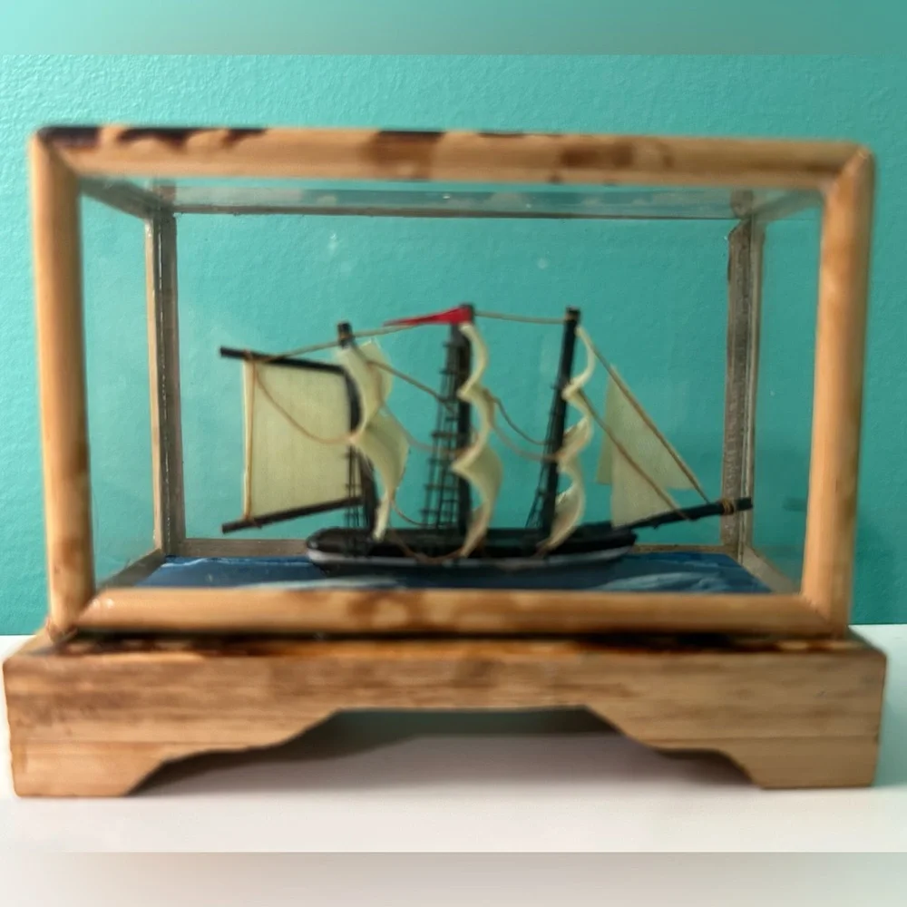Vintage Miniature Wooden Ship in Glass Display Case - Picture 2 of 10